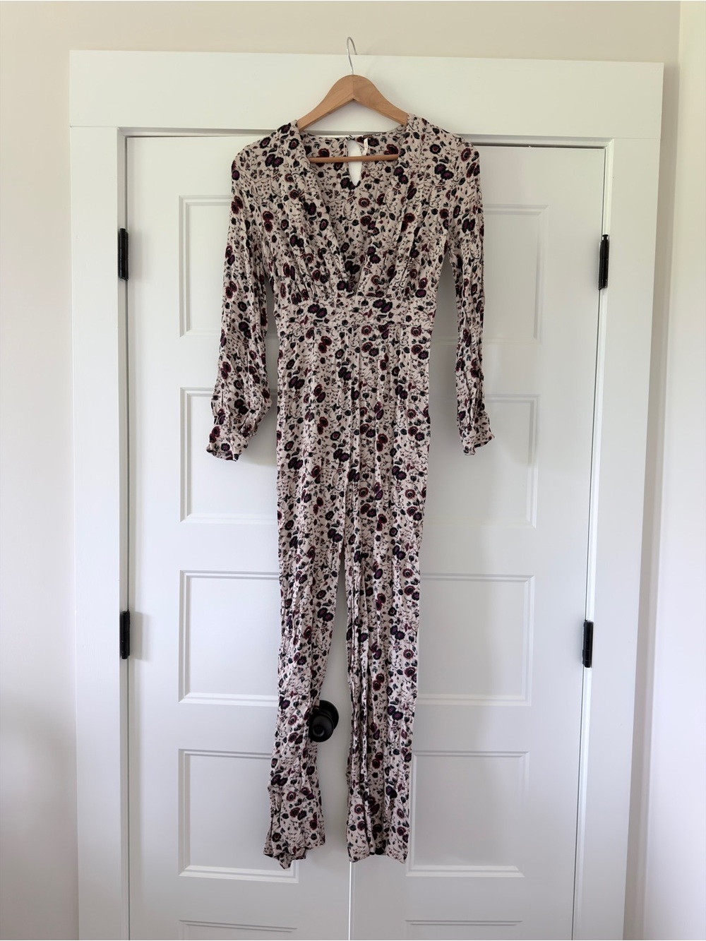 Free People Floral Long Sleeve Jumpsuit in Cream and Burgundy Retro Vintage 0